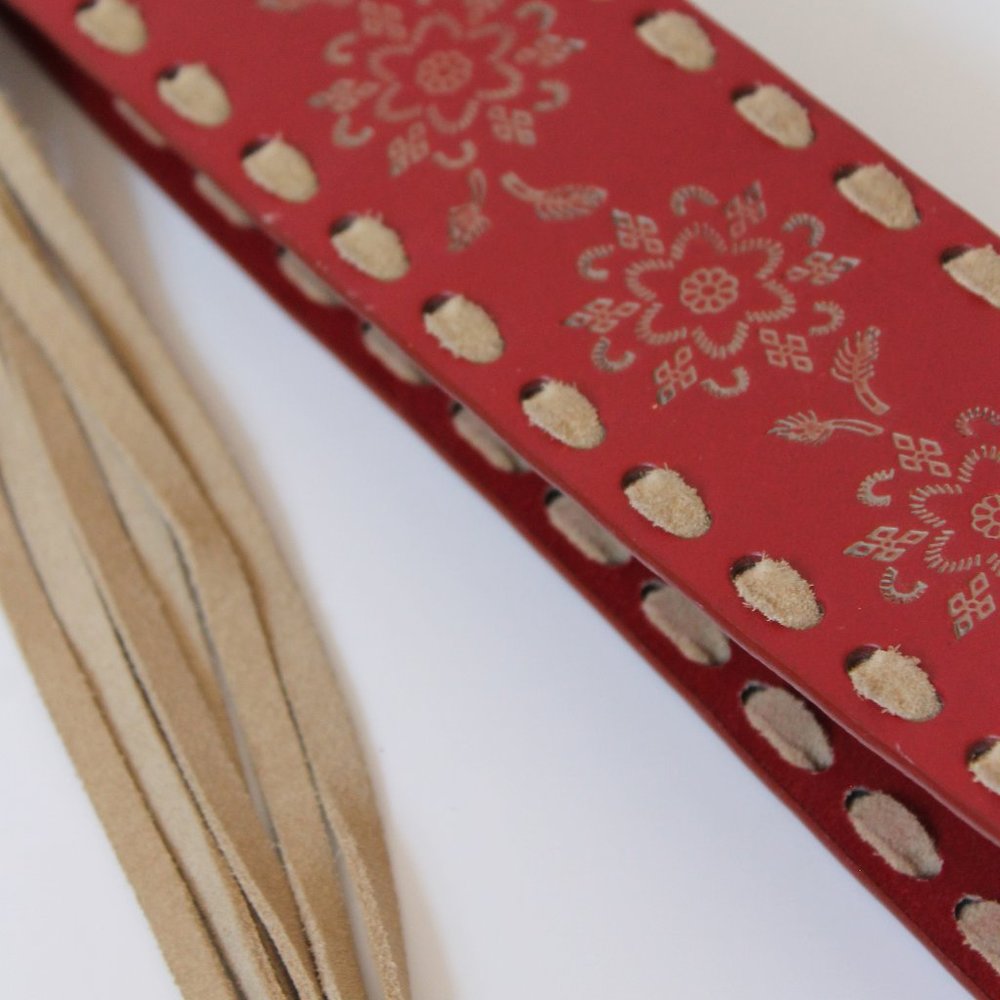 Vintage Red Floral Etching Suede Fringe Genuine Leather Belt / Fits 32W-38W
